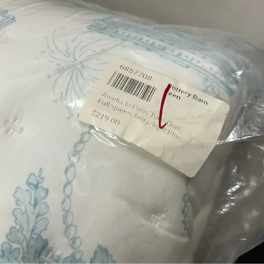 Pottery Barn Amelia In Paris Toile Quilt Full Queen Ivory Blue Eiffel Tower NEW